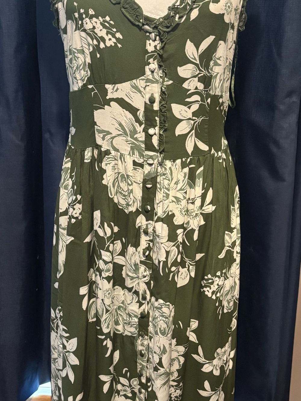 Patrons of Peace Olive Green and White Floral Midi Dress